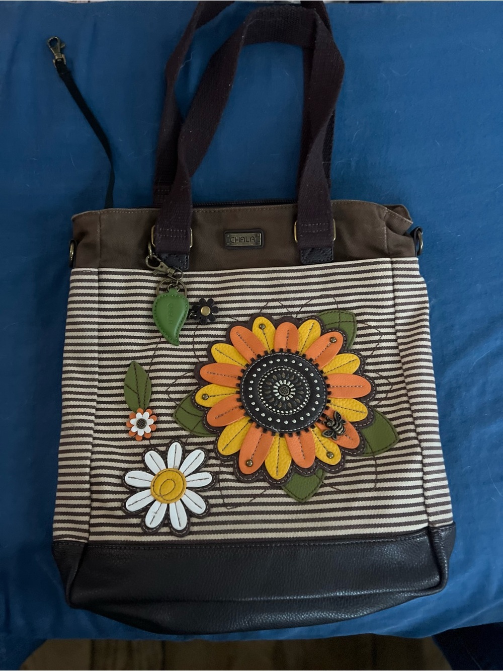 Chala Brown Striped Tote with Orange & Yellow Floral Appliqué